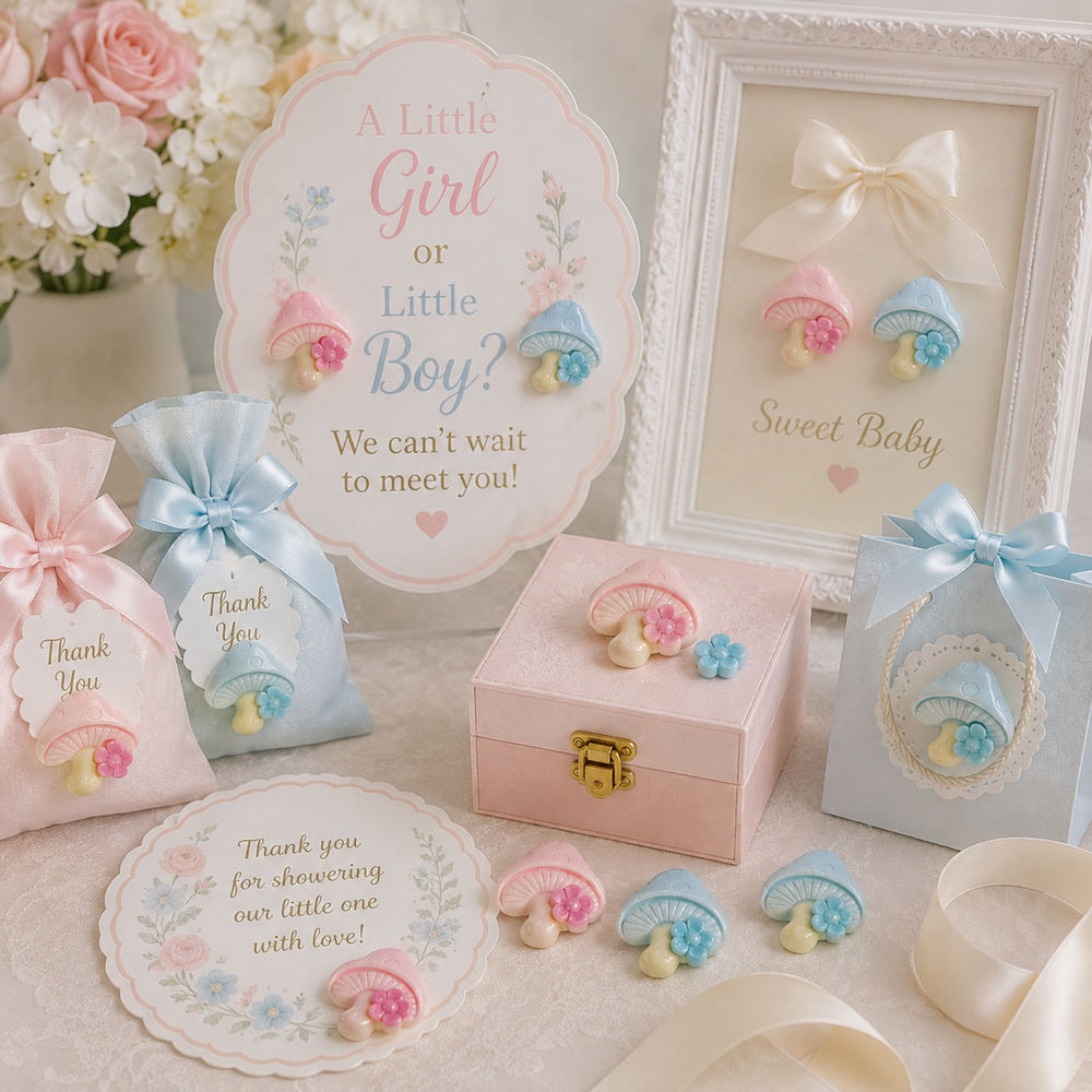 Pink and blue mushroom charms used as decorative accents for baby shower favor and keepsake ideas.