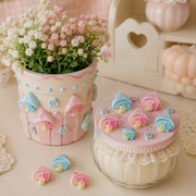Pink and blue mushroom flatbacks for decorating phone cases, frames, boxes, and keepsakes.