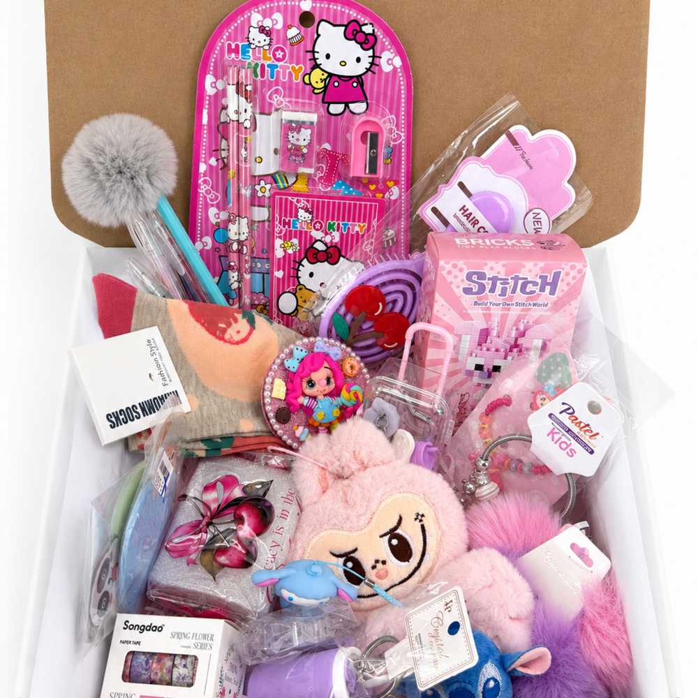 Pink and colorful stationery gift set with school supplies, beauty accessories, mini toys, and decorative pieces.