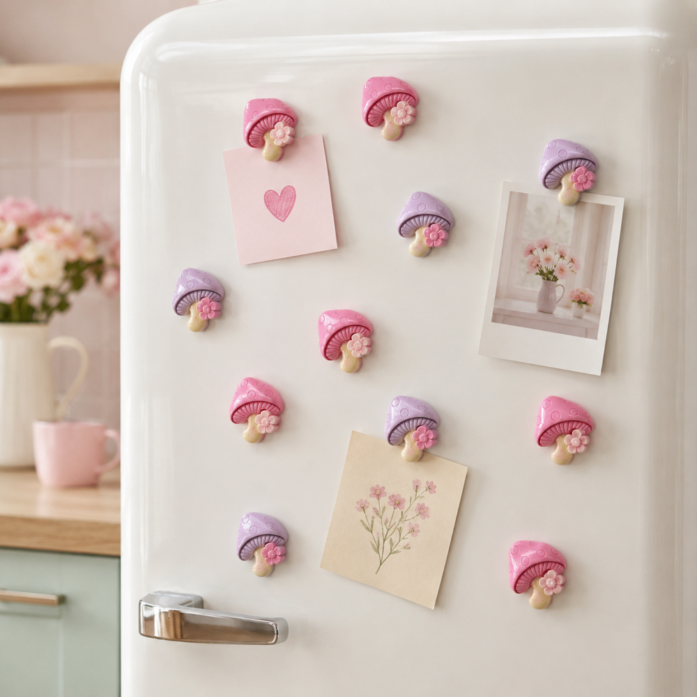 Pink and purple mushroom resin charms used as refrigerator magnets to display notes and photos.