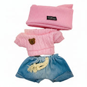 Pink bear sweater and denim shorts, pink head band  outfit set for 17cm collectible dolls