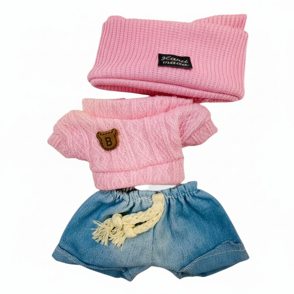 Pink bear sweater and denim shorts, pink head band  outfit set for 17cm collectible dolls