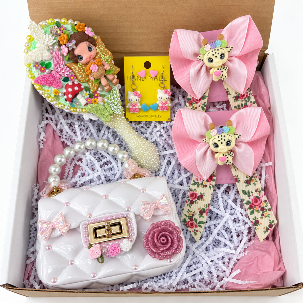 Pink fairy-themed gift box with decorated mirror, pearl-handle mini purse, matching hair bows, and cute earring set.