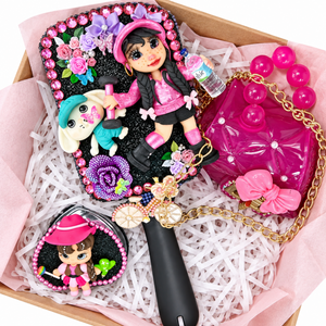 Kawaii Gift Basket for Her - Porcelain Doll Hair Brush, Purse & Accessories Set | Xmas Gift for Girls
