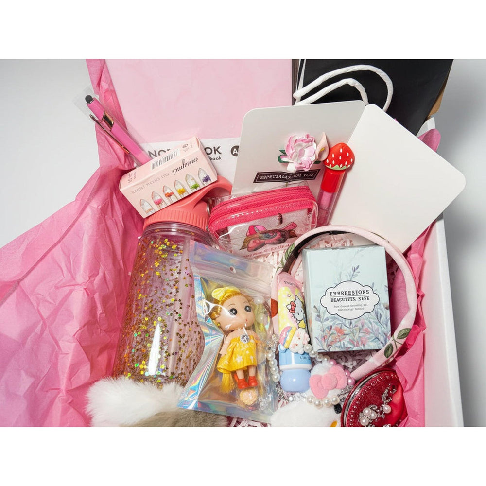 Pink kawaii gift set for girls with cute accessories, strawberry lip gloss, fluffy scrunchies and decorated mirror - perfect birthday gift
