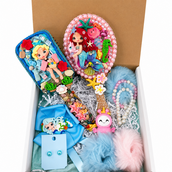 Pink mermaid coquette gift set with ocean hair brush, mermaid mirror, clay bow and handmade bracelets