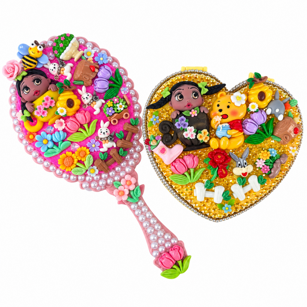 Pink pearl hand mirror and yellow heart-shaped jewelry box decorated with flowers, animals, and colorful garden-inspired details.