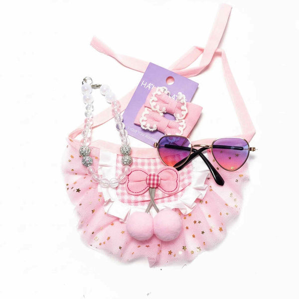 Pink princess set for XS dogs with sparkle collar, pink tutu skirt and heart sunglasses 