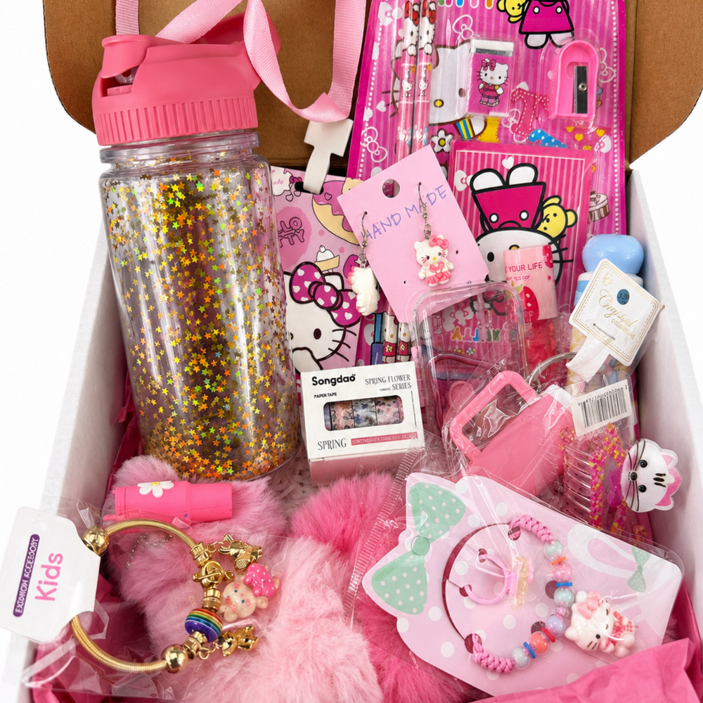 Pink school gift set with reusable tumbler, notebook, pencils, hand cream and lip gloss
