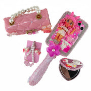 Pink set with hair brush decorated, handbag, compact mirror, and jewelry set