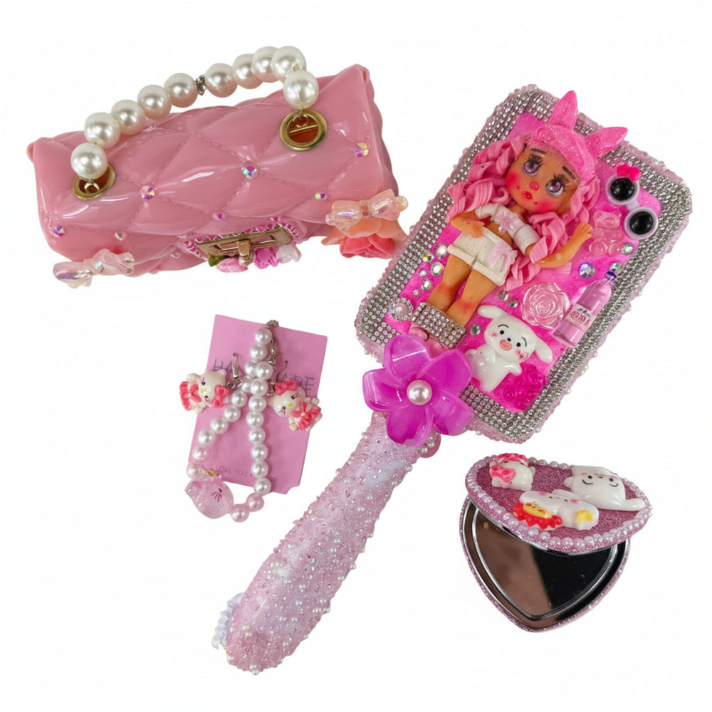 Pink set with hair brush decorated, handbag, compact mirror, and jewelry set