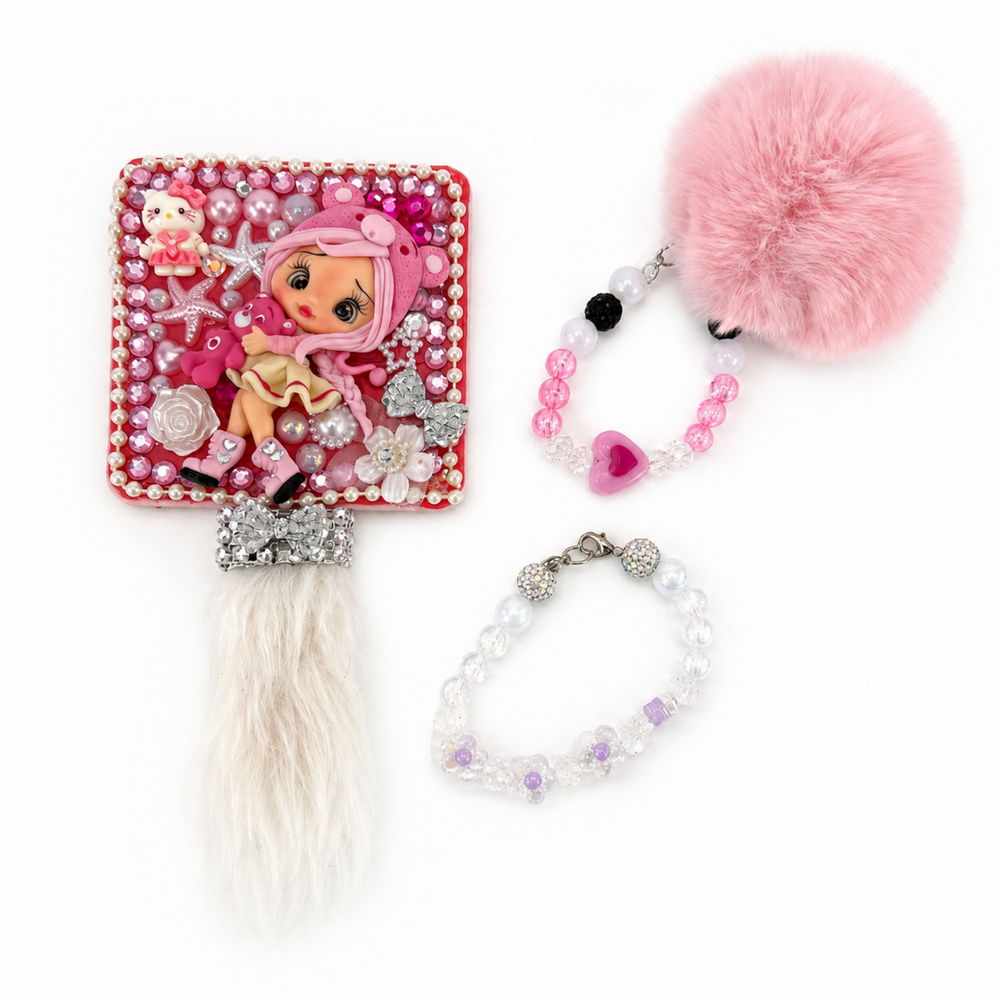 Pink small mirror set with clay doll, fluffy pom-pom beaded accessory and clear floral bracelet