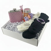 Pink sparkling rhinestone flask gift set for women with fuzzy socks, candle and lip gloss