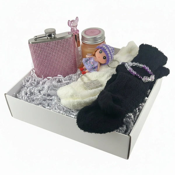 Pink sparkling rhinestone flask gift set for women with fuzzy socks, candle and lip gloss