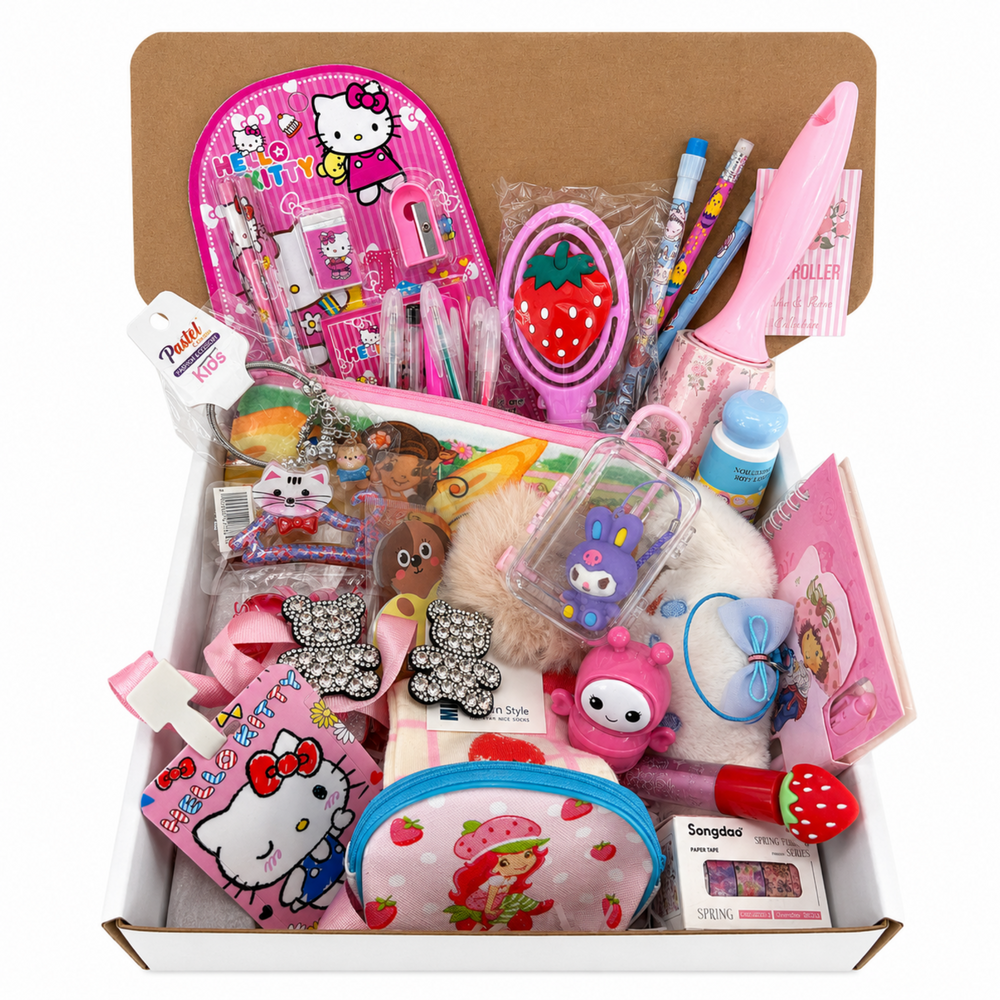 Pink strawberry gift basket with stationery, beauty treats, hair accessories, socks and pouches
