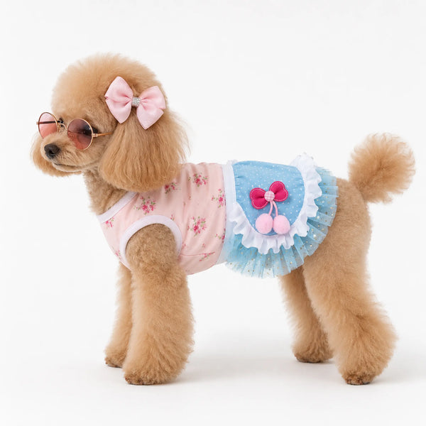 Poodle wearing a princess dog outfit with blue tutu, bow, and sunglasses