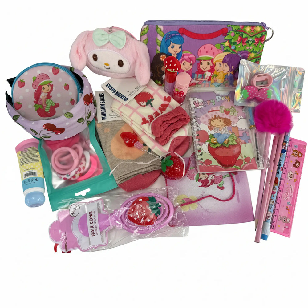 Premium strawberry gift box for girls with fuzzy socks and accessories. Perfect for birthday gifts.