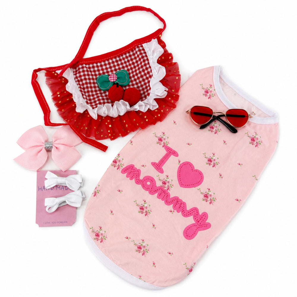 Princess dog outfit gift set with tutu, bow accessories, sunglasses and floral Mommy shirt size M