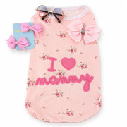 Princess dog outfit set with floral Mommy shirt and blue tutu for pet photos
