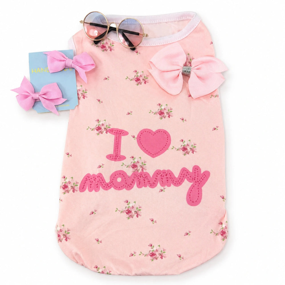 Princess dog outfit set with floral Mommy shirt and blue tutu for pet photos
