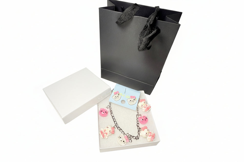 Handmade Silver-Tone Hello Kitty Character Anklet and Earrings Set with Premium White Gift Box and Luxury Black Bag - Shipping from Miami, FL