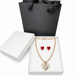 Red Crystal Earrings & Rhinestone Heart Necklace Set | Christmas Jewelry Gift for Her
