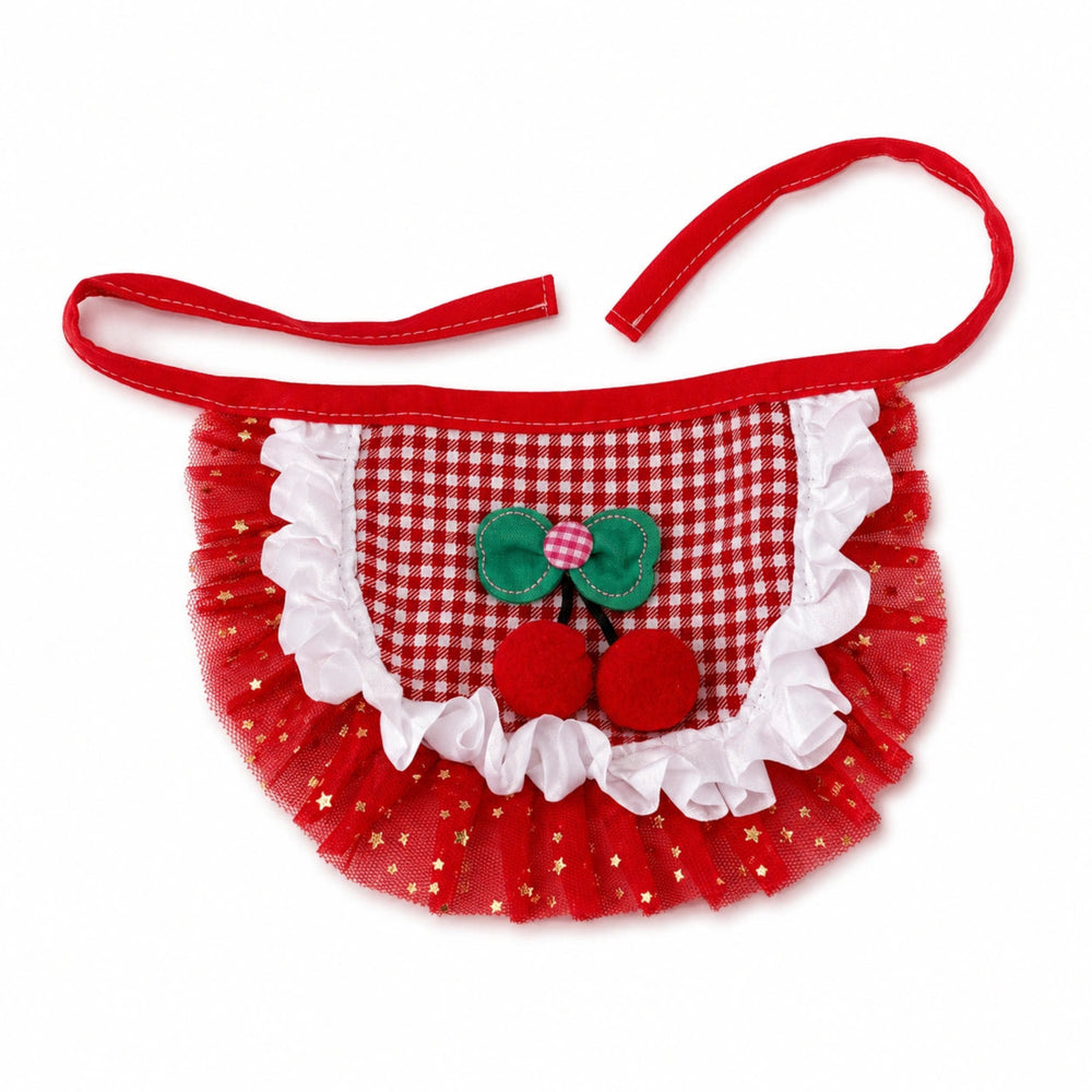 Red dog tutu skirt with gingham fabric, white ruffle trim and cherry detail
