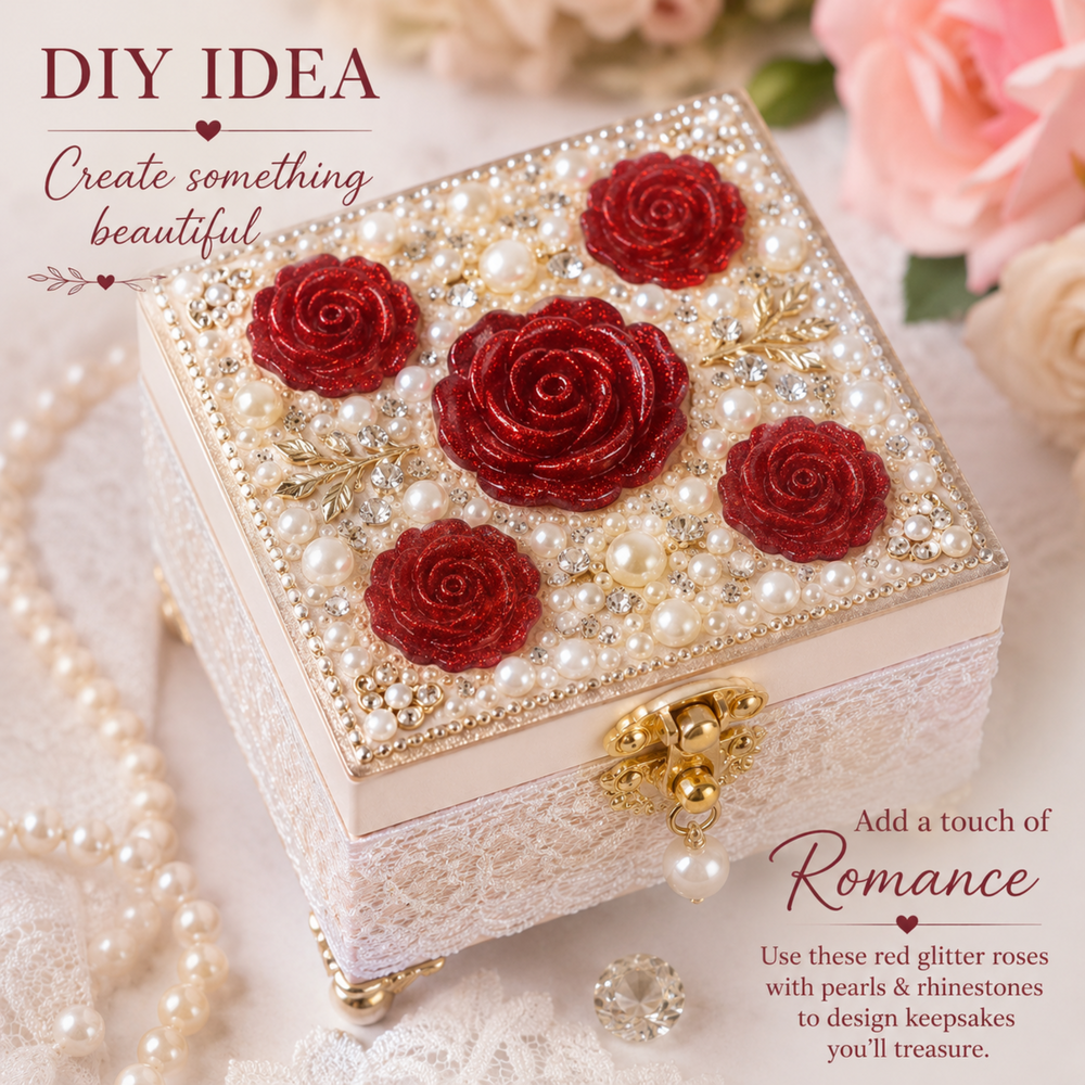 Red glitter rose cabochons decorating a jewelry or keepsake box lid with pearls, crystals, and gold details