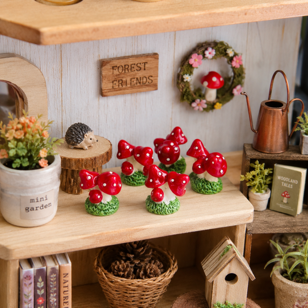 Red mushroom miniatures displayed in a succulent terrarium with moss, stones and small plants