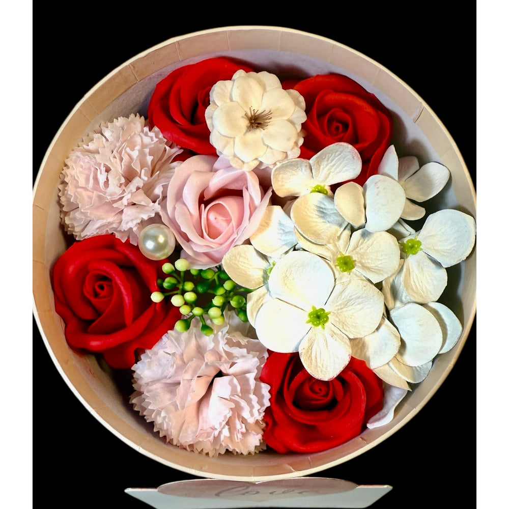 Red pink and white rose petal soaps in elegant flower gift box - ready to gift
