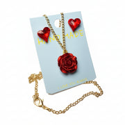 Gold-Tone Red Rose Pendant Necklace and Red Heart Crystal Earrings Jewelry Set with Premium Gift Box and Luxury Bag 