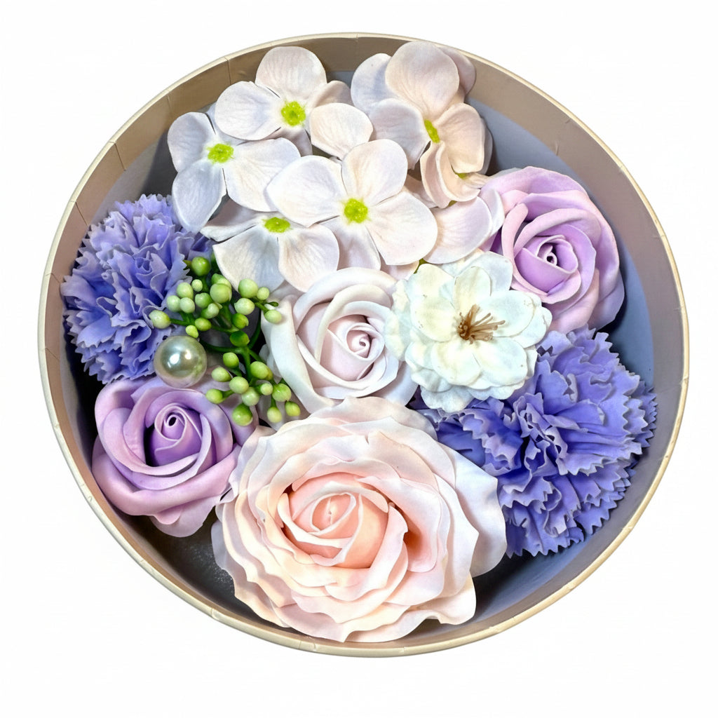 Rose petal soap gift box with purple, pink, white and lilac floral soaps

