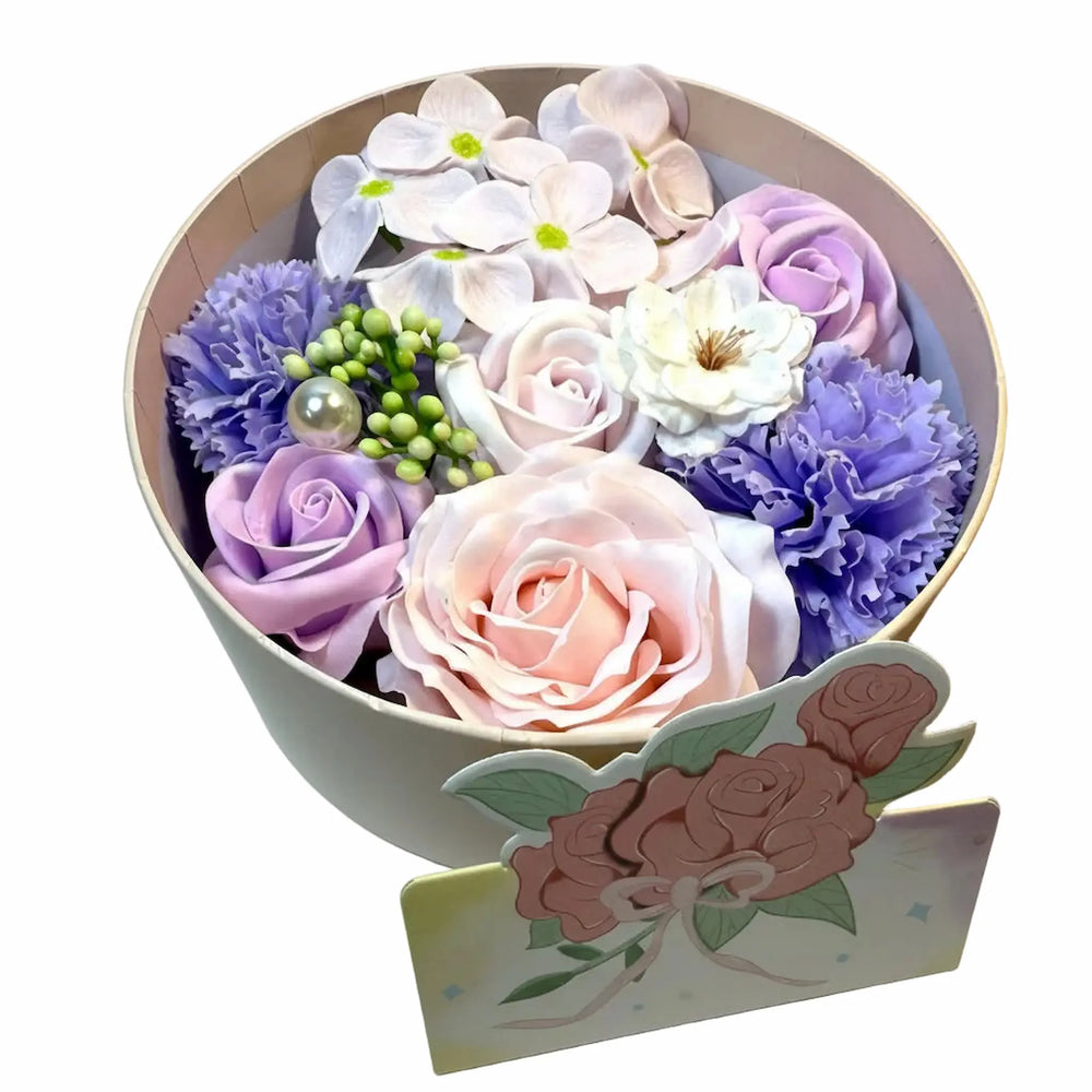 Round gift box with assorted rose and flower soaps in purple, white and lilac - Luxury floral spa gift
