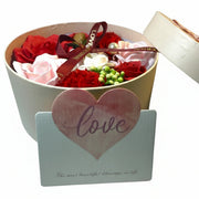 Round gift box with assorted rose petal soaps in red, pink and white - Luxury floral spa gift set