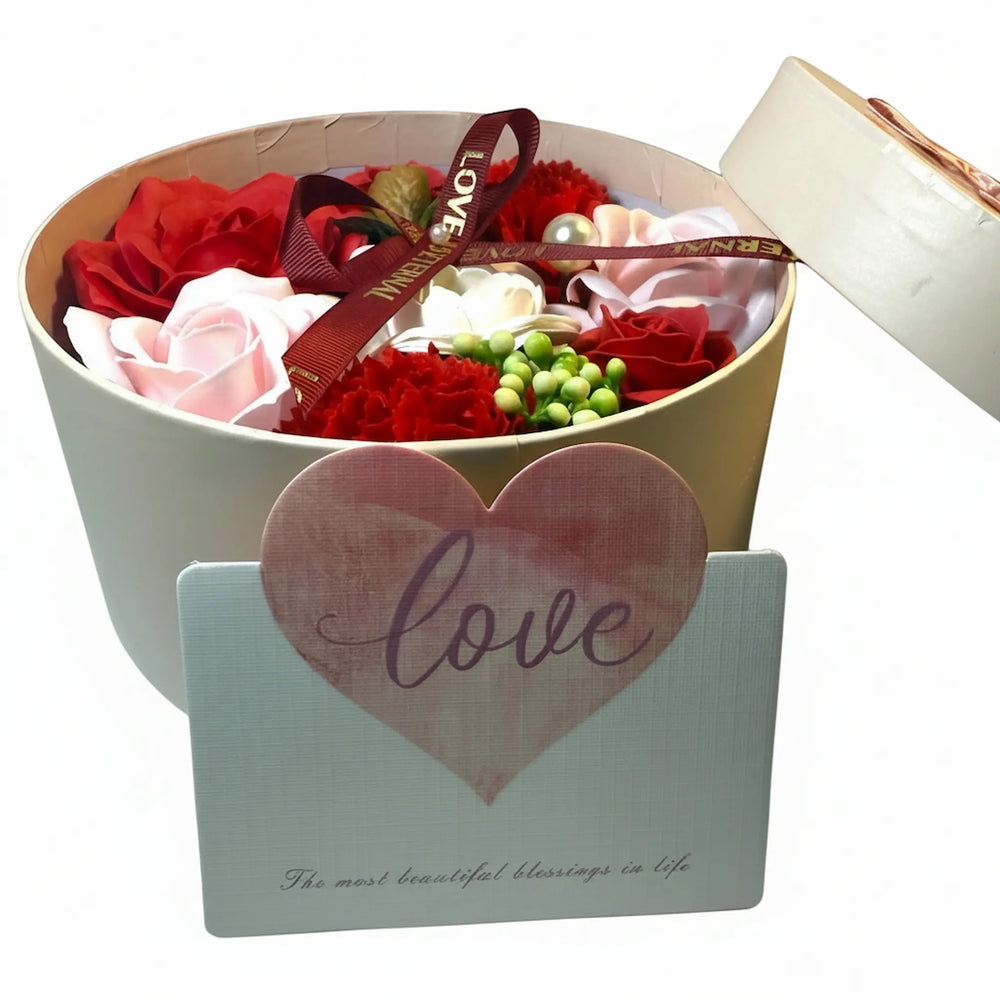 Round gift box with assorted rose petal soaps in red, pink and white - Luxury floral spa gift set