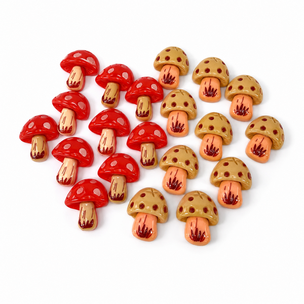 Set of 20 red and beige mushroom flatback charms arranged on a white background for DIY craft projects