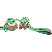 Set of 2 cute green alien baby rubber keychains with gold clip and band
