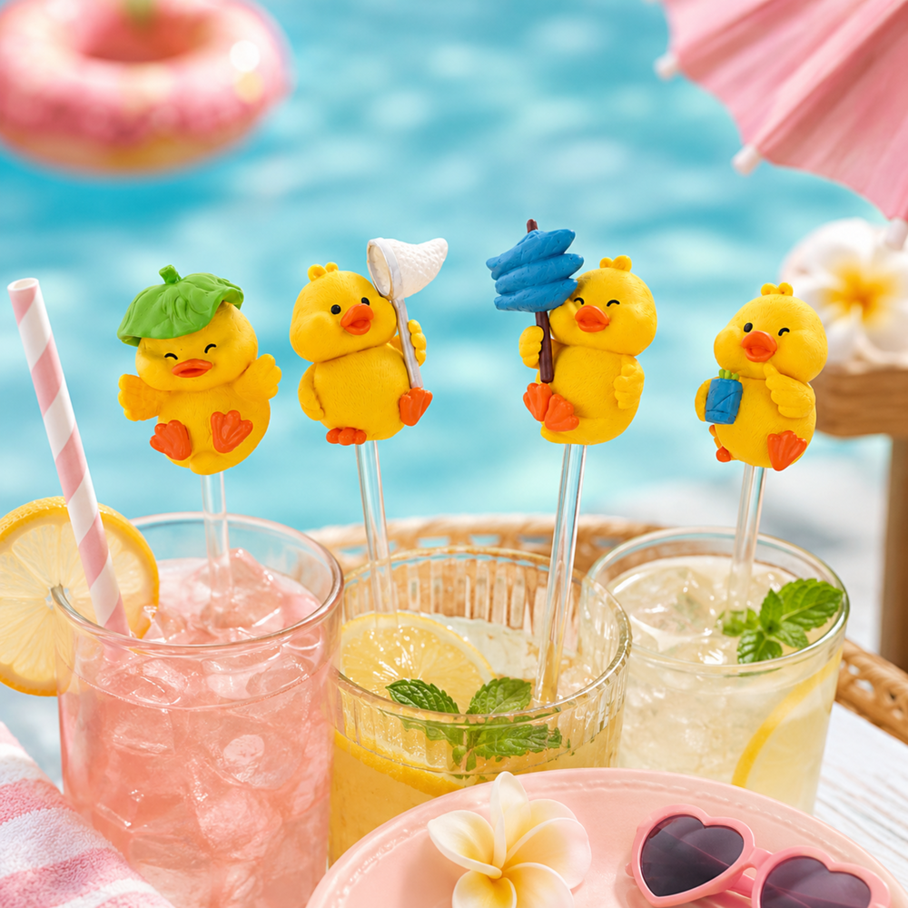 Set of four mini yellow duck craft charms with different attached design details