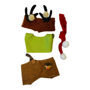 Set of knitted reindeer headband, vest green pants brown xmas olfit for doll or 17 cm doll, red scarf