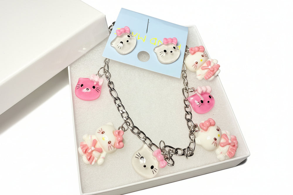 Silver-Tone Handmade Hello Kitty Kawaii Earrings & Anklet Set