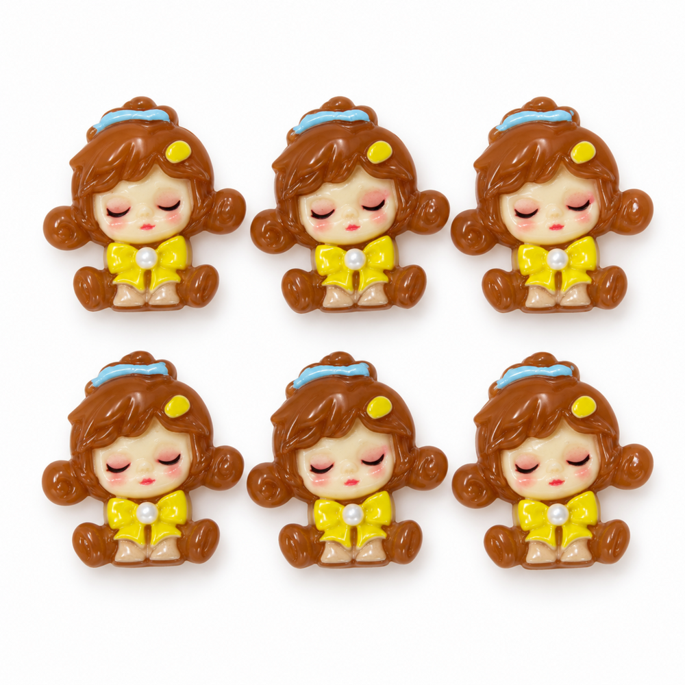 Six brown Sleepy Doll resin flatbacks with yellow bows and blue headbands.