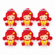 Six red Sleepy Doll resin flatbacks with yellow bows and blue headbands.
