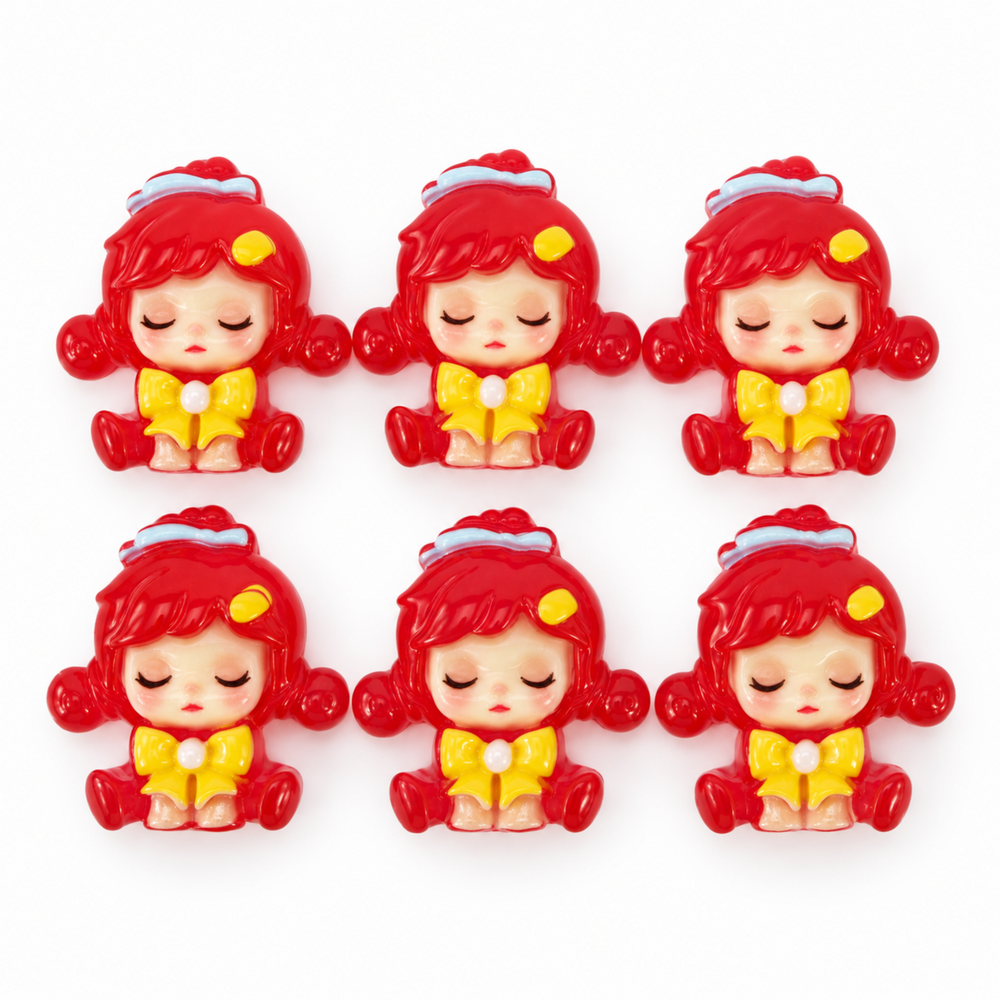 Six red Sleepy Doll resin flatbacks with yellow bows and blue headbands.