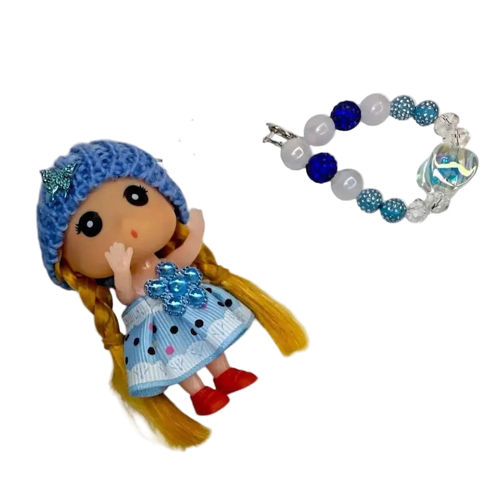 Small doll with blue outfit and hat, keychain, and bracelet 