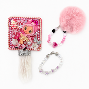 Pink Decorated Small Hand Mirror Set with Clay Doll & Beaded Accessories