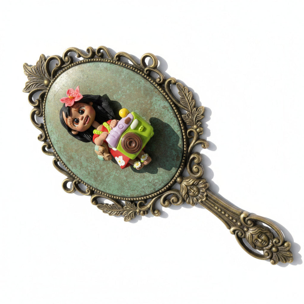 Smooth flat back of a handmade porcelain doll charm, ideal for DIY mirrors, hairbrushes, and custom phone cases