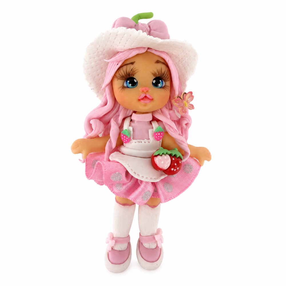 Strawberry-themed doll figure with pink hair, butterfly accent and white hat