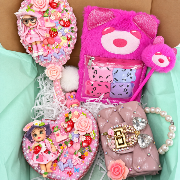 Strawberry coquette gift set with pink mirror, plush journal, bear pen, purse and decorated jewelry box