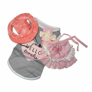 Striped Dog Outfit Set | Shirt, Pink Ruffle Skirt, Sun Hat & Bow Clips