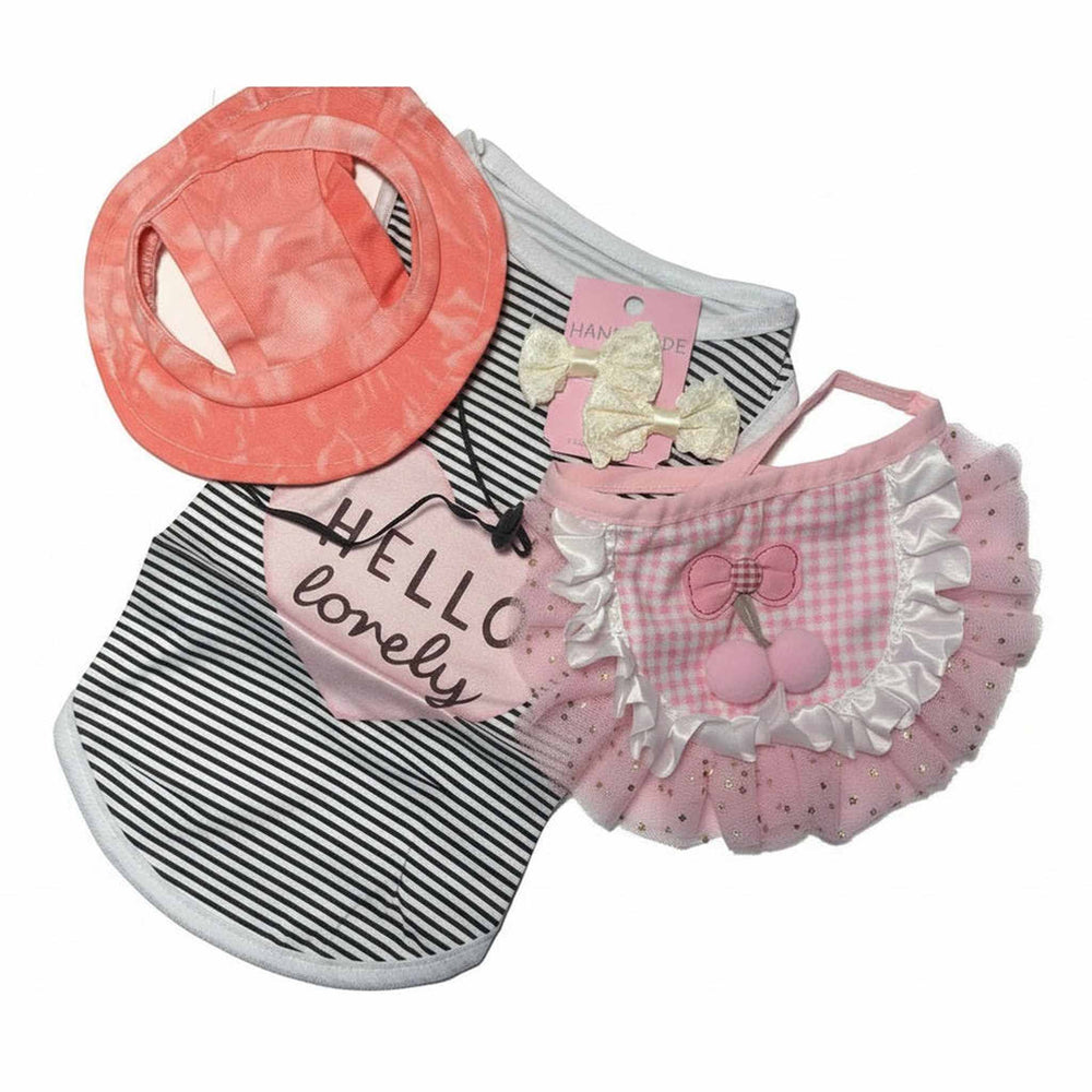 Striped Dog Outfit | Shirt, Ruffle Skirt & Sun Hat